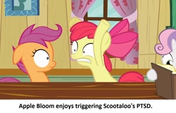 Size: 1280x817 | Tagged: safe, derpibooru exclusive, edit, edited screencap, screencap, apple bloom, scootaloo, sweetie belle, earth pony, pegasus, pony, unicorn, g4, hearts and hooves day (episode), book, clubhouse, crusaders clubhouse, cutie mark crusaders, dark comedy, female, filly, flailing, foal, meme, pinpoint eyes, ponestrip, ptsd, reading, triggered, trio, trio female
