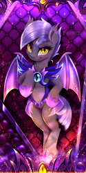 Size: 1329x2658 | Tagged: safe, artist:darksly, oc, oc only, oc:midnight blossom, bat pony, pony, armor, bat pony oc, bedroom eyes, body pillow, body pillow design, eyeshadow, female, hoof shoes, looking at you, makeup, mare, solo