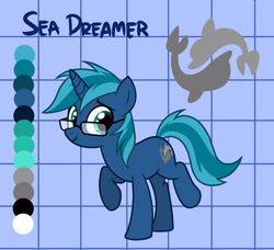Size: 2475x2256 | Tagged: safe, artist:xfrncstomiku, oc, oc only, oc:sea dreamer, dolphin, pony, unicorn, cutie mark, male, reference sheet, solo