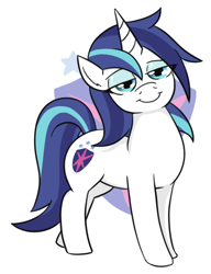 Size: 418x544 | Tagged: safe, artist:jargon scott, shining armor, pony, unicorn, g4, bedroom eyes, cutie mark background, female, gleaming shield, looking at you, mare, rule 63, simple background, smiling, smiling at you, solo, white background