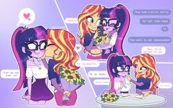 Size: 4096x2579 | Tagged: safe, artist:tomi_ouo, sci-twi, sunset shimmer, twilight sparkle, human, equestria girls, g4, bare shoulders, belly button, bisexual female, breasts, cheek kiss, cute, female, internal screaming, kissing, lesbian, midriff, reasonably sized breasts, sci-twiabetes, shimmerbetes, ship:sci-twishimmer, ship:sunsetsparkle, shipping, twiabetes
