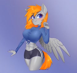 Size: 2048x1924 | Tagged: safe, artist:xfrncstomiku, oc, oc only, oc:rocksy amber, pegasus, anthro, abs, belly button, big breasts, breasts, female, midriff, muscles, muscular female, solo