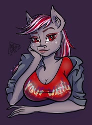 Size: 799x1080 | Tagged: safe, artist:gigisarts, sugar moonlight, pony, anthro, g5, clothes, everyday boobs, female, red eyes, red hair, shirt, solo, t-shirt, waifu, white hair