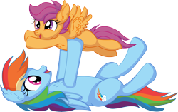 Size: 9053x5695 | Tagged: safe, artist:cyanlightning, rainbow dash, scootaloo, pegasus, pony, .svg available, absurd resolution, blank flank, duo, ear fluff, female, filly, foal, lying down, mare, on back, open mouth, scootalove, simple background, smiling, spread wings, transparent background, upsies, vector, wings