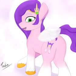 Size: 4000x4000 | Tagged: safe, artist:porcellusketch, pipp petals, pegasus, pony, g5, my little pony: a new generation, absurd resolution, butt, eyebrows, female, looking at you, looking back, looking back at you, mare, open mouth, open smile, pipp butt, plot, rear view, signature, simple background, smiling, smiling at you, solo