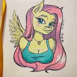 Size: 1280x1280 | Tagged: safe, artist:gigisarts, fluttershy, pony, anthro, bust, everyday boobs, female, portrait, red eyes, red hair, solo, waifu, white hair