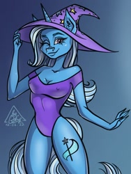 Size: 810x1080 | Tagged: safe, artist:gigisarts, trixie, anthro, blue body, breasts, busty trixie, clothes, hat, simple background, trixie's hat