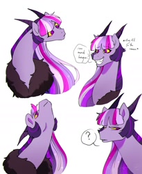 Size: 1635x1997 | Tagged: safe, artist:ikuyimii, artist:riukime, oc, oc only, oc:jinx, draconequus, hybrid, bust, doodle, grin, interspecies offspring, looking up, mood swing, offspring, older, parent:discord, parent:twilight sparkle, parents:discolight, question mark, simple background, smiling, white background