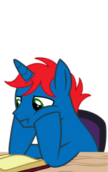 Size: 691x1098 | Tagged: safe, artist:ry-bluepony1, artist:sillygutz, oc, oc only, oc:train track, pony, unicorn, g4, base used, blue coat, book, chair, hair, horn, male, male oc, mane, paper, pony oc, reading, show accurate, simple background, solo, stallion, stallion oc, table, tail, transparent background, unicorn oc, wood