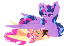 Size: 764x492 | Tagged: safe, artist:vanillaswirl6, sunny starscout, twilight sparkle, alicorn, pony, g4, g5, my little pony: a new generation, blushing, book, cheek fluff, chest fluff, duo, ear fluff, female, fluffy, hug, mare, race swap, simple background, sleeping, sunny and her heroine, sunnycorn, transparent background, twilight sparkle (alicorn), wing blanket, winghug, wings
