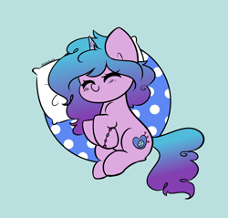 Size: 4150x3975 | Tagged: safe, artist:kittyrosie, izzy moonbow, pony, unicorn, g5, blue background, blushing, bracelet, cute, daaaaaaaaaaaw, eyes closed, female, izzybetes, jewelry, lying down, mare, on side, pillow, simple background, sleeping, smiling, solo