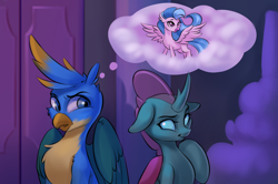Size: 2542x1692 | Tagged: safe, artist:kittytitikitty, gallus, ocellus, silverstream, changeling, classical hippogriff, griffon, hippogriff, g4, dream, female, high res, implied gallstream, implied shipping, implied straight, male