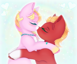 Size: 1200x1000 | Tagged: safe, artist:saltyvity, sprout cloverleaf, oc, oc:malarkey, earth pony, pony, g5, my little pony: a new generation, bandage, blushing, canon x oc, commission, cute, duo, ear fluff, earth pony oc, embarrassed, eyebrows, heart, jewelry, kiss on the lips, kissing, love, male, necklace, nonbinary, pangender, rainbow, romantic, shipping, sparkles, stallion, yellow mane