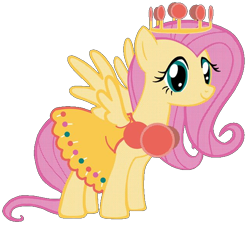 Size: 640x576 | Tagged: safe, fluttershy, pegasus, pony, g4, candy, candyland, clothes, crown, dress, female, food, jewelry, lollipop, mare, princess lolly, regalia, simple background, smiling, spread wings, transparent background, wings