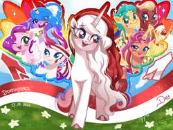 Size: 2048x1536 | Tagged: safe, artist:puyohh, hitch trailblazer, izzy moonbow, pipp petals, sprout cloverleaf, sunny starscout, zipp storm, oc, oc:indonisty, alicorn, earth pony, pegasus, pony, unicorn, g5, my little pony: a new generation, 77th, alicornified, banner, blue sky, cloud, colored wings, flag, flower, folded wings, grass, horn, independence day, indonesia, indonesian, mane five, multicolored wings, nation ponies, orange coat, pink coat, purple coat, race swap, rainbow wings, red, red coat, spread wings, sprout joins the mane five, sunnycorn, white, white coat, wings, yellow coat