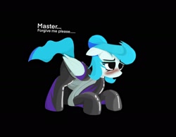 Size: 1682x1304 | Tagged: safe, artist:xdamny, oc, oc only, oc:piva storm, pegasus, pony, black background, blushing, bodysuit, bowing, clothes, eyebrows, eyebrows visible through hair, eyeshadow, female, folded wings, kneeling, latex, makeup, mare, master, pegasus oc, signature, simple background, solo, sorry, wings