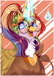 Size: 2760x3920 | Tagged: safe, artist:honeybbear, oc, hippogriff, abstract background, chest fluff, female, glasses, glowing, glowing horn, high res, horn, magic, multicolored hair, rainbow hair, solo, telekinesis