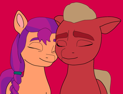 Size: 1300x1000 | Tagged: safe, artist:sproutscoutotp, sprout cloverleaf, sunny starscout, earth pony, pony, g5, my little pony: a new generation, blonde hair, braid, couple, eyes closed, female, male, mare, orange coat, purple hair, red coat, ship:sunnyclover, shipping, simple background, stallion, straight