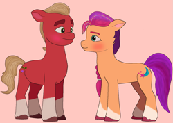 Size: 1687x1197 | Tagged: safe, artist:sproutscoutotp, sprout cloverleaf, sunny starscout, earth pony, pony, g5, my little pony: a new generation, blonde hair, blushing, coat markings, couple, female, looking at each other, looking at someone, male, mare, orange coat, purple hair, red coat, ship:sunnyclover, shipping, simple background, socks (coat markings), stallion, straight