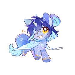 Size: 500x500 | Tagged: safe, artist:dreamsugar, oc, oc only, oc:asteria, alicorn, pony, alicorn oc, commission, constellation freckles, eye clipping through hair, female, flying, freckles, full body, grin, horn, looking at you, one eye closed, open mouth, open smile, simple background, smiling, smiling at you, solo, spread wings, white background, wings, wink, winking at you