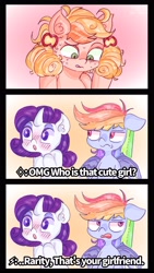 Size: 2160x3840 | Tagged: safe, artist:reyam, applejack, rainbow dash, rarity, earth pony, pegasus, pony, unicorn, g4, :o, alternate hairstyle, blushing, bust, comic, female, freckles, hatless, high res, horn, lesbian, mare, missing accessory, open mouth, pigtails, portrait, ship:rarijack, shipping, trio, trio female, wings
