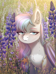 Size: 1200x1600 | Tagged: source needed, safe, artist:glumarkoj, oc, oc only, oc:dreamyway skies, bat pony, dragonfly, insect, pony, chest fluff, coat markings, colored eyebrows, commission, ear fluff, ear tufts, facial markings, female, flower, folded wings, looking at you, lupin, mare, meadow, morning, pale belly, slit pupils, snip (coat marking), solo, wings, ych result