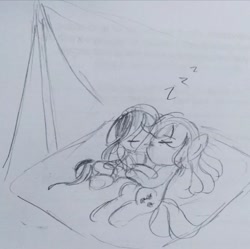 Size: 540x537 | Tagged: safe, artist:snowzaaah, applejack, rainbow dash, earth pony, pegasus, pony, g4, cuddling, doodle, female, harmony exam au, lesbian, monochrome, pencil drawing, ship:appledash, shipping, sketch, sleeping, traditional art