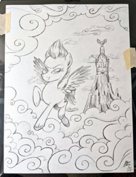 Size: 790x1024 | Tagged: safe, artist:mellodillo, zipp storm, pegasus, pony, g5, female, flying, grayscale, looking at you, mare, monochrome, pencil drawing, smiling, smiling at you, smirk, solo, traditional art