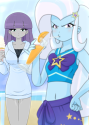 Size: 2500x3502 | Tagged: safe, artist:batipin, maud pie, trixie, human, equestria girls, g4, belly button, clothes, drink, duo, duo female, female, high res, looking at you, sarong, straw, swimsuit