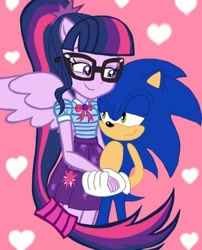 Size: 1080x1334 | Tagged: safe, artist:sonicslendrinalyd, sci-twi, twilight sparkle, human, equestria girls, g4, crossover, hug, male, sonic the hedgehog, sonic the hedgehog (series)