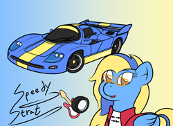 Size: 3509x2550 | Tagged: safe, artist:sparkfler85, derpibooru exclusive, oc, oc only, oc:speedy strat, pegasus, pony, car, clothes, female, glasses, gradient background, high res, jacket, koenig, koenig c62, pegasus oc, racecar, shirt, solo, vehicle