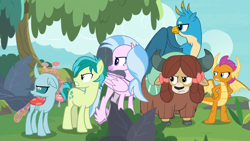 Size: 1920x1080 | Tagged: safe, screencap, gallus, ocellus, sandbar, silverstream, smolder, yona, changedling, changeling, classical hippogriff, dragon, earth pony, griffon, hippogriff, pony, yak, g4, non-compete clause, season 8, 1080p, angry, cloven hooves, colt, dragoness, female, foal, frown, gallus is not amused, gritted teeth, hand on hip, implied applejack, implied rainbow dash, male, monkey swings, narrowed eyes, ocellus is not amused, sandbar is not amused, silverstream is not amused, smolder is not amused, student six, teenager, teeth, unamused, yona is not amused