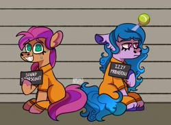 Size: 1964x1434 | Tagged: safe, artist:wgostosos, izzy moonbow, sunny starscout, g5, ball, clothes, commission, izzy's tennis ball, line-up, mugshot, never doubt rainbowdash69's involvement, prison outfit, prisoner, tennis ball