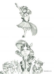 Size: 1100x1510 | Tagged: safe, artist:baron engel, apple bloom, rarity, scootaloo, sweetie belle, oc, oc:stone mane, earth pony, pegasus, pony, unicorn, colt, cutie mark crusaders, female, filly, foal, male, mare, pencil drawing, traditional art