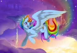 Size: 1200x840 | Tagged: safe, artist:phoenixfox96, rainbow dash, pegasus, pony, g4, cloud, cloudsdale, female, large wings, mare, rainbow trail, solo, wings