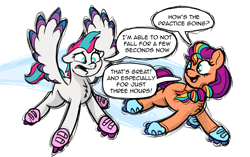 Size: 2570x1613 | Tagged: safe, artist:doodledonutart, sunny starscout, zipp storm, earth pony, pegasus, pony, g5, comic, duo, duo female, female, mare, roller skates, simple background, speech bubble, white background, worried