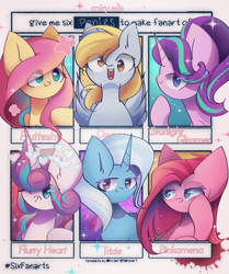 Size: 1715x2048 | Tagged: safe, artist:miryelis, derpy hooves, fluttershy, pinkie pie, princess flurry heart, starlight glimmer, trixie, alicorn, earth pony, pegasus, pony, unicorn, g4, 6 pony meme, colored, exploitable meme, heart, horn, looking at you, meme, pinkamena diane pie, short hair, signature, six fanarts, smiling, smiling at you, sparkles, text, wings