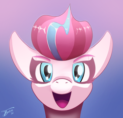 Size: 1500x1437 | Tagged: safe, artist:tyleks, zipp storm, pegasus, pony, g5, my little pony: a new generation, adorazipp, bust, cute, eyebrows, female, gradient background, looking at you, mare, open mouth, open smile, signature, smiling, smiling at you, solo