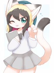 Size: 1526x2048 | Tagged: safe, artist:ginmaruxx, oc, oc only, cat, anthro, abstract background, beanie, blushing, bowtie, catified, clipboard, clothes, eye clipping through hair, female, hat, looking at you, one eye closed, simple background, skirt, solo, species swap, stars, tail, tongue out, white background, wink, winking at you