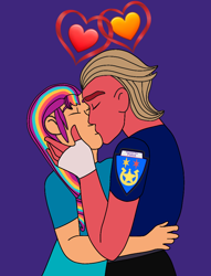 Size: 782x1023 | Tagged: safe, artist:sproutscoutotp, sprout cloverleaf, sunny starscout, human, equestria girls, g4, g5, my little pony: a new generation, blonde hair, clothes, duo, equestria girls-ified, eyes closed, female, fingerless gloves, g5 to equestria girls, g5 to g4, generation leap, gloves, heart, hug, humanized, kiss on the lips, kissing, male, police officer, police uniform, purple hair, ship:sunnyclover, shipping, simple background, straight