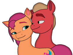 Size: 1072x800 | Tagged: safe, artist:sproutscoutotp, sprout cloverleaf, sunny starscout, earth pony, pony, g5, my little pony: a new generation, blonde hair, couple, female, looking at each other, looking at someone, male, mare, orange coat, purple hair, red coat, ship:sunnyclover, shipping, simple background, stallion, straight, transparent background