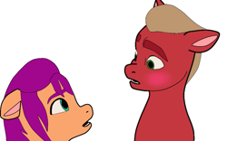 Size: 1043x652 | Tagged: safe, artist:sproutscoutotp, sprout cloverleaf, sunny starscout, earth pony, pony, g5, my little pony: a new generation, blonde mane, blushing, confused, couple, female, looking at each other, looking at someone, male, mare, orange coat, purple mane, red coat, ship:sunnyclover, shipping, simple background, stallion, straight, white background