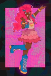 Size: 855x1280 | Tagged: safe, artist:batsoggy, kotobukiya, pinkie pie, human, g4, abstract background, clothes, dark skin, female, humanized, kotobukiya pinkie pie, looking at you, open mouth, open smile, pansexual, pansexual pride flag, pride, pride flag, smiling, smiling at you, solo, transgender, transgender pride flag