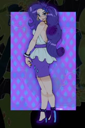 Size: 855x1280 | Tagged: safe, artist:batsoggy, kotobukiya, rarity, human, g4, abstract background, asexual pride flag, bare shoulders, clothes, cutie mark on clothes, female, high heels, humanized, kotobukiya rarity, looking at you, pride, pride flag, rarity peplum dress, shoes, sleeveless, solo