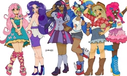 Size: 2128x1280 | Tagged: safe, artist:batsoggy, kotobukiya, applejack, fluttershy, pinkie pie, rainbow dash, rarity, twilight sparkle, human, g4, agender, agender pride flag, asexual, asexual pride flag, bare shoulders, bilight sparkle, bisexual, bisexual pride flag, clothes, cutie mark on clothes, dark skin, demigirl, demigirl pride flag, demisexual, demisexual pride flag, female, fluttershy boho dress, front knot midriff, glasses, goggles, high heels, humanized, kotobukiya applejack, kotobukiya fluttershy, kotobukiya pinkie pie, kotobukiya rainbow dash, kotobukiya rarity, kotobukiya twilight sparkle, lesbian, lesbian pride flag, looking at you, mane six, midriff, pansexual, pansexual pride flag, pride, pride flag, rarity peplum dress, shoes, simple background, trans female, trans fluttershy, transfeminine pride flag, transgender, transgender pride flag, white background