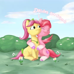 Size: 4096x4096 | Tagged: safe, artist:felldeal, posey bloom, windy, earth pony, pegasus, pony, g5, my little pony: make your mark, bow, cute, daisy (flower), dialogue, duo, female, hair bow, happy, jewelry, lesbian, mare, necklace, ponytail, ship:poseywind, shipping, tail, tail bow, unshorn fetlocks