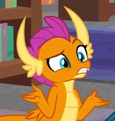 Size: 502x532 | Tagged: safe, screencap, smolder, dragon, g4, what lies beneath, book, bookshelf, cropped, dragoness, female, raised eyebrow, shrug, solo