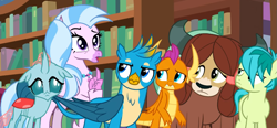Size: 1197x554 | Tagged: safe, screencap, gallus, ocellus, sandbar, silverstream, smolder, yona, changedling, changeling, classical hippogriff, dragon, earth pony, griffon, hippogriff, pony, yak, g4, what lies beneath, cropped, student six