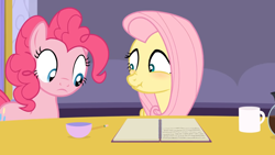 Size: 1920x1080 | Tagged: safe, artist:agrol, fluttershy, pinkie pie, earth pony, pegasus, pony, tales of adventurers, g4, blushing, coffee, coffee mug, coffee pot, cup, drink, female, mare, mug, nose wrinkle, notebook, pencil, scrunchy face, table, teacup