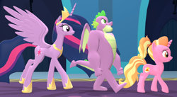 Size: 1798x986 | Tagged: safe, artist:red4567, luster dawn, spike, twilight sparkle, alicorn, dragon, pony, unicorn, g4, the last problem, 3d, chad, dr. livesey walk, gigachad spike, meme, older, older spike, older twilight, older twilight sparkle (alicorn), princess twilight 2.0, source filmmaker, treasure island, twilight sparkle (alicorn), walking, winged spike, wings